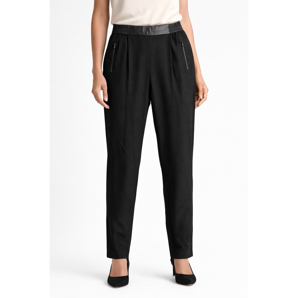 Akris Punto Pants Womens 6 Black Wool Faux Leather Trim Elastic Waist Tapered